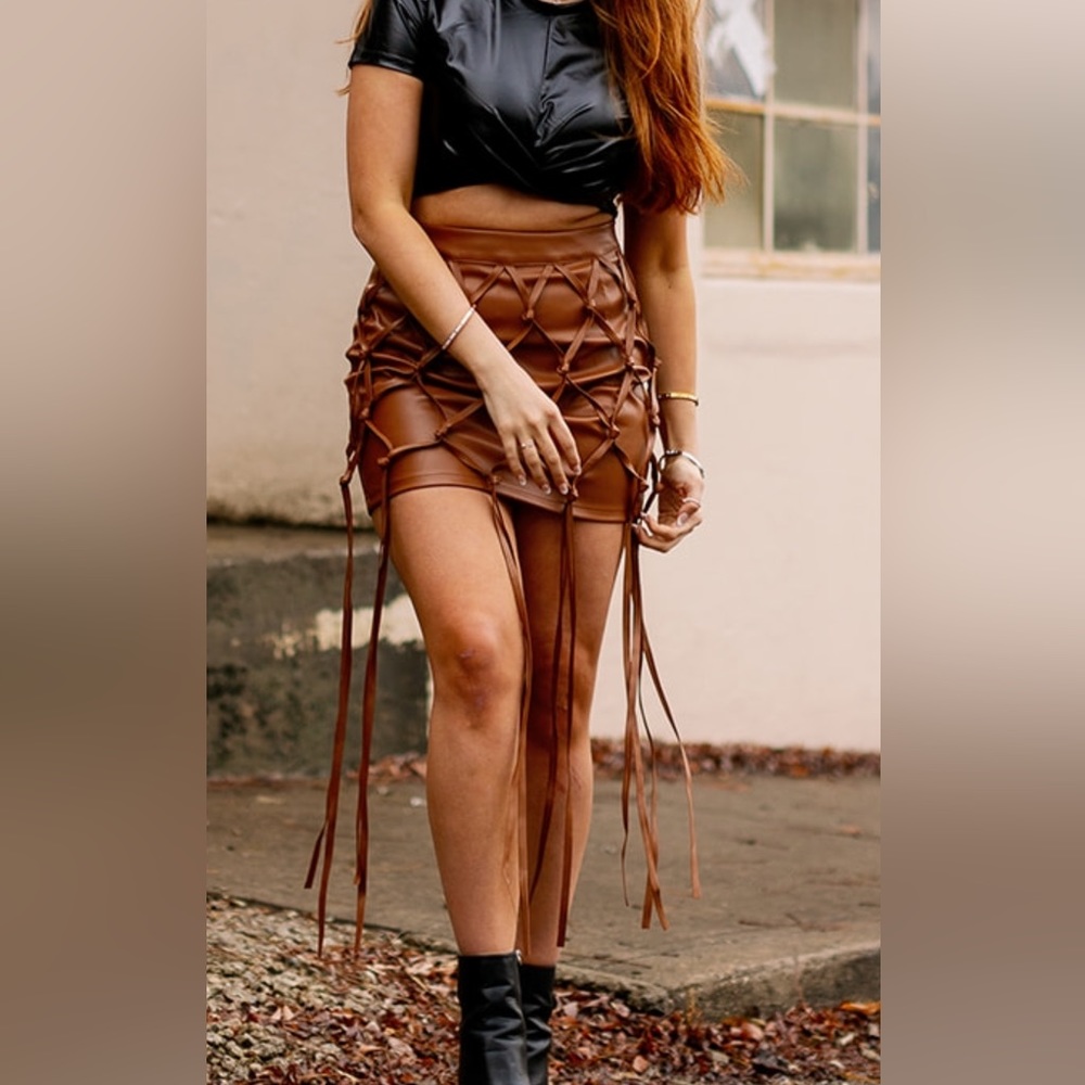 Micas Faux Leather Braiding Fringe Mini Skirt